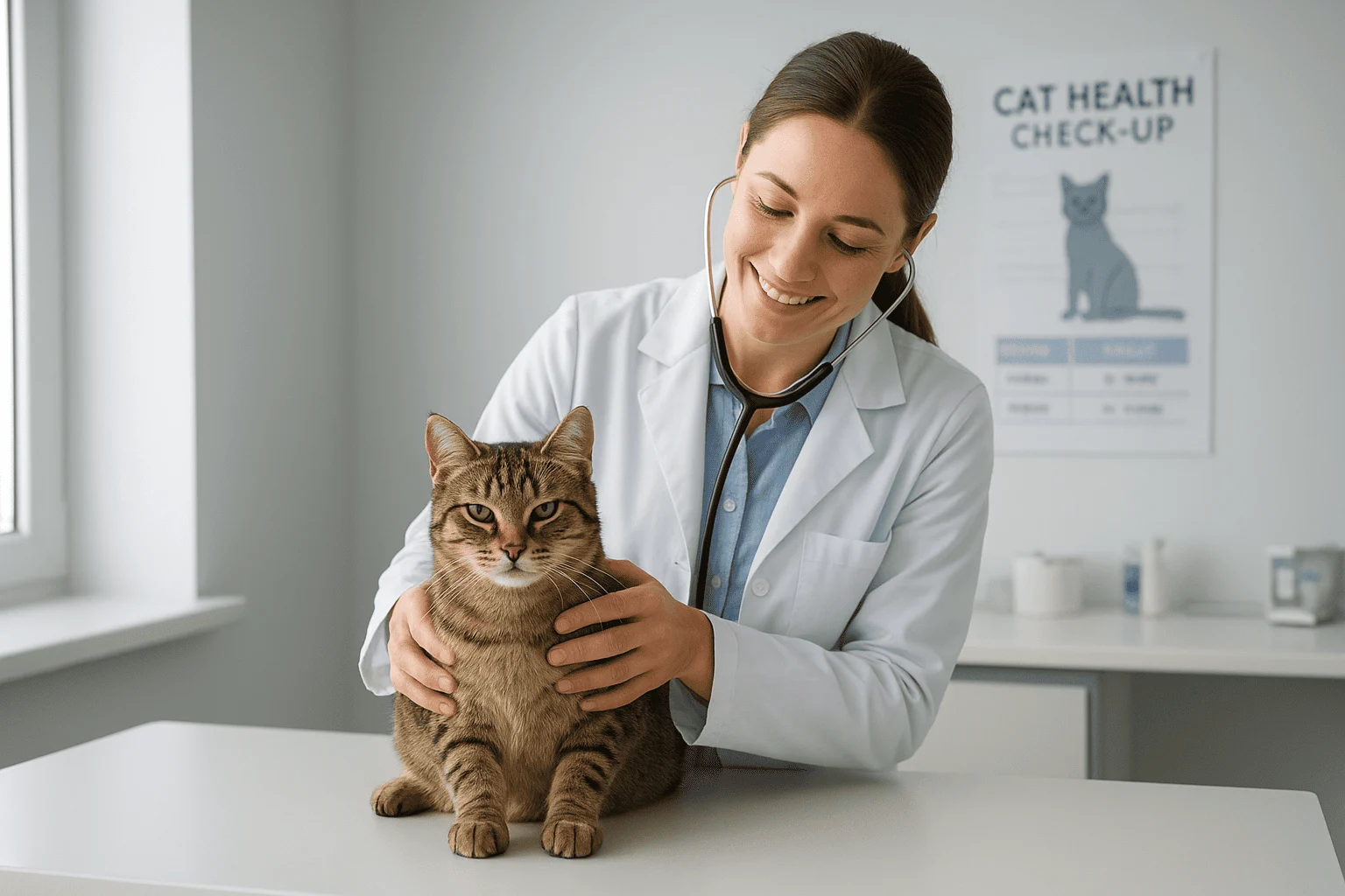 A friendly veterinarian gently examining a calm domestic short-haired cat during a routine health check-up in a modern veterinary clinic with natural lighting and a caring atmosphere.