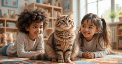 Tabby cat with two smiling children learning together indoors, bright cozy room, child-friendly educational setting
