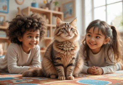Tabby cat with two smiling children learning together indoors, bright cozy room, child-friendly educational setting