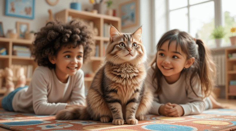 Tabby cat with two smiling children learning together indoors, bright cozy room, child-friendly educational setting