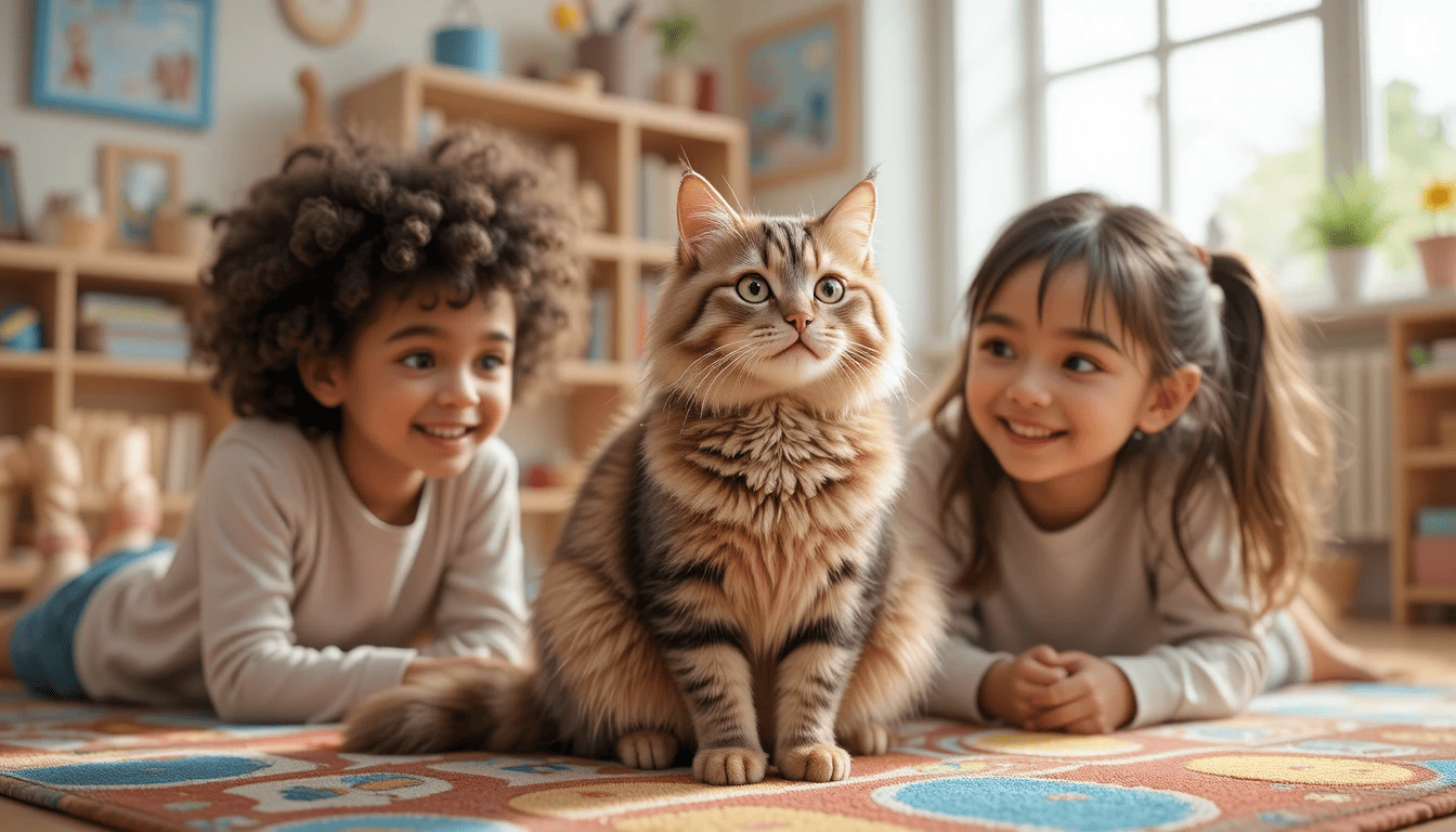 Tabby cat with two smiling children learning together indoors, bright cozy room, child-friendly educational setting