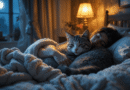 A woman sleeping in a cozy bedroom at night while gently cuddling a relaxed tabby cat on the bed, with warm lighting and a moonlit window in the background.