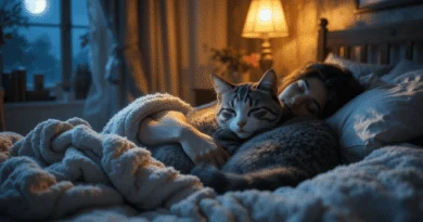 A woman sleeping in a cozy bedroom at night while gently cuddling a relaxed tabby cat on the bed, with warm lighting and a moonlit window in the background.