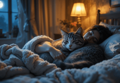 A woman sleeping in a cozy bedroom at night while gently cuddling a relaxed tabby cat on the bed, with warm lighting and a moonlit window in the background.