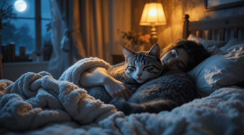 A woman sleeping in a cozy bedroom at night while gently cuddling a relaxed tabby cat on the bed, with warm lighting and a moonlit window in the background.