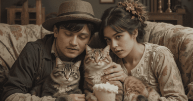 Historical illustration showing cats alongside humans across ancient Egyptian, medieval, and modern settings