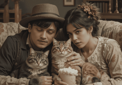 Historical illustration showing cats alongside humans across ancient Egyptian, medieval, and modern settings