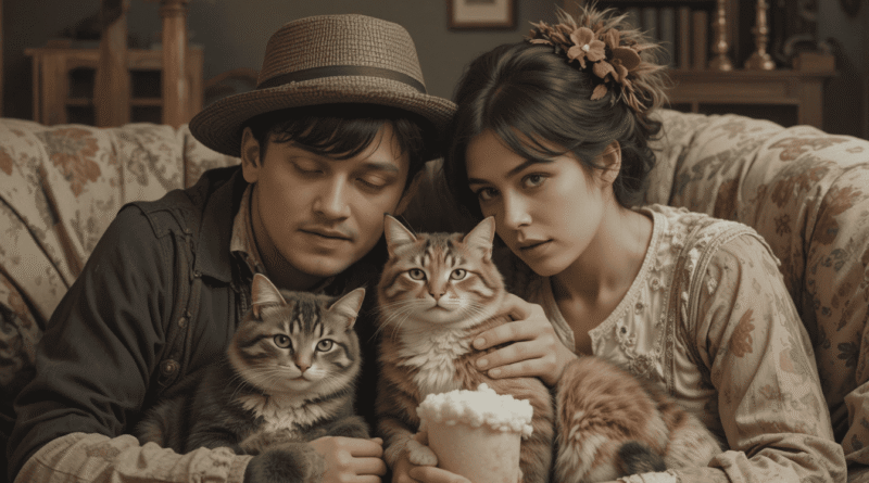 Historical illustration showing cats alongside humans across ancient Egyptian, medieval, and modern settings