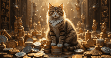 Majestic cat sitting on a stack of ancient and modern coins with symbols of mythology and culture, hyper-realistic, detailed lighting and textures.
