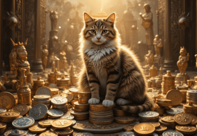 Majestic cat sitting on a stack of ancient and modern coins with symbols of mythology and culture, hyper-realistic, detailed lighting and textures.