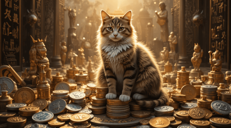 Majestic cat sitting on a stack of ancient and modern coins with symbols of mythology and culture, hyper-realistic, detailed lighting and textures.
