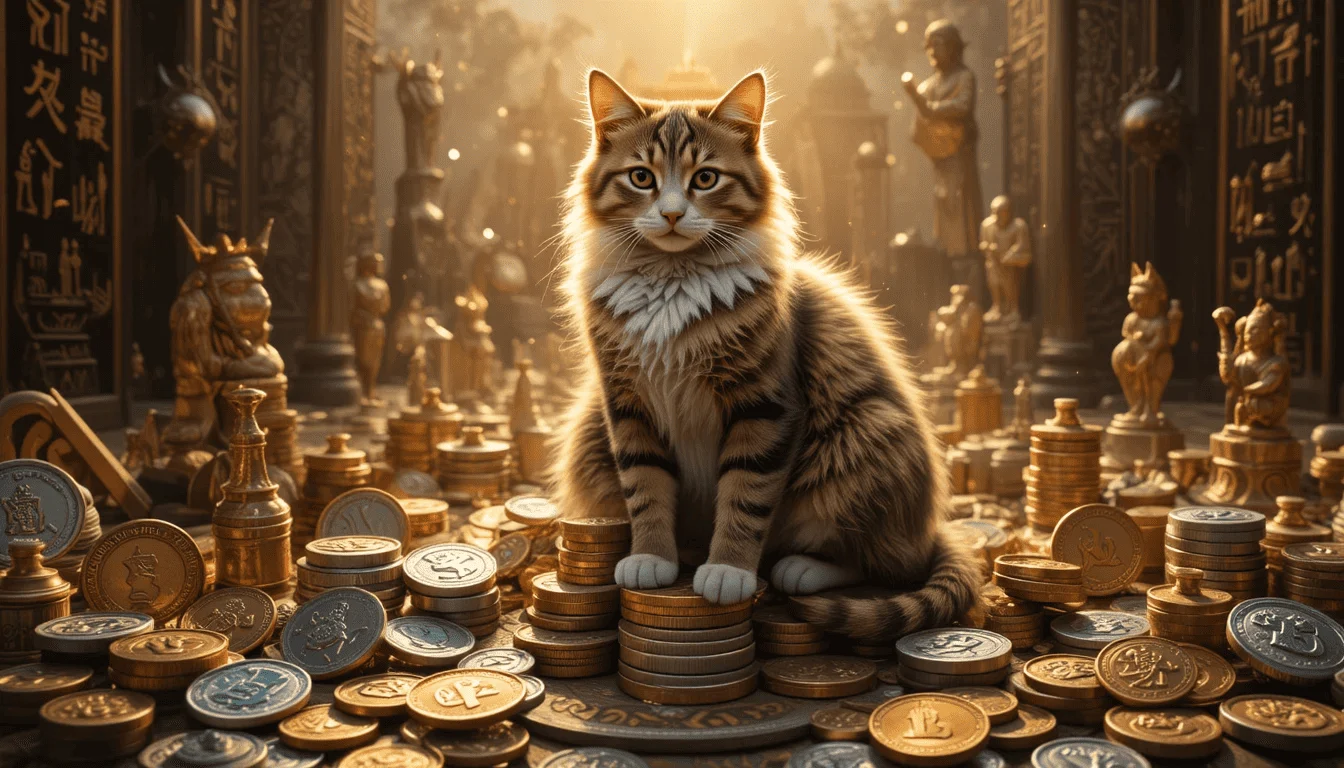 Majestic cat sitting on a stack of ancient and modern coins with symbols of mythology and culture, hyper-realistic, detailed lighting and textures.
