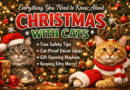 Festive Christmas scene with two cats wearing holiday outfits sitting near a decorated tree, gifts, and ornaments, illustrating a guide about Christmas with cats.