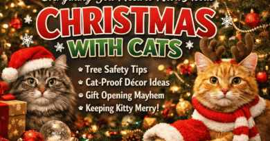 Festive Christmas scene with two cats wearing holiday outfits sitting near a decorated tree, gifts, and ornaments, illustrating a guide about Christmas with cats.