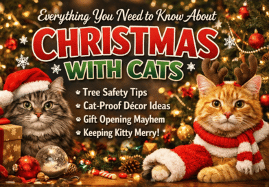 Festive Christmas scene with two cats wearing holiday outfits sitting near a decorated tree, gifts, and ornaments, illustrating a guide about Christmas with cats.