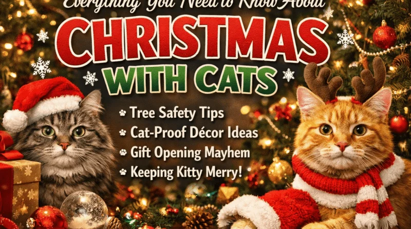 Festive Christmas scene with two cats wearing holiday outfits sitting near a decorated tree, gifts, and ornaments, illustrating a guide about Christmas with cats.