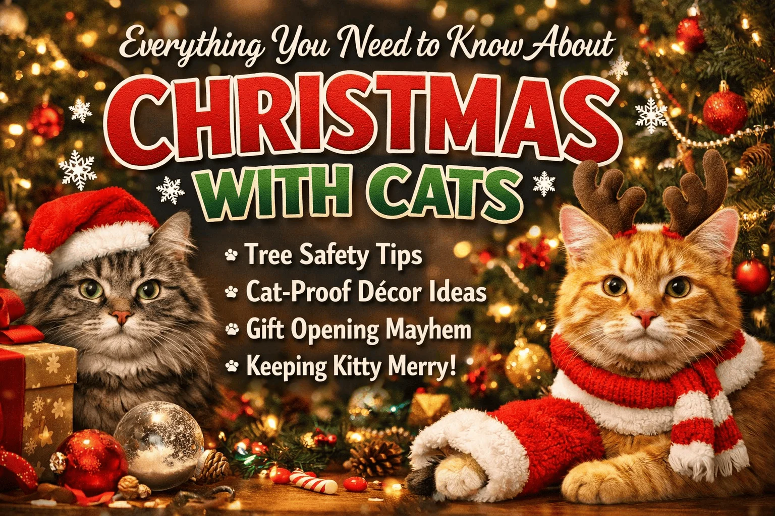 Festive Christmas scene with two cats wearing holiday outfits sitting near a decorated tree, gifts, and ornaments, illustrating a guide about Christmas with cats.