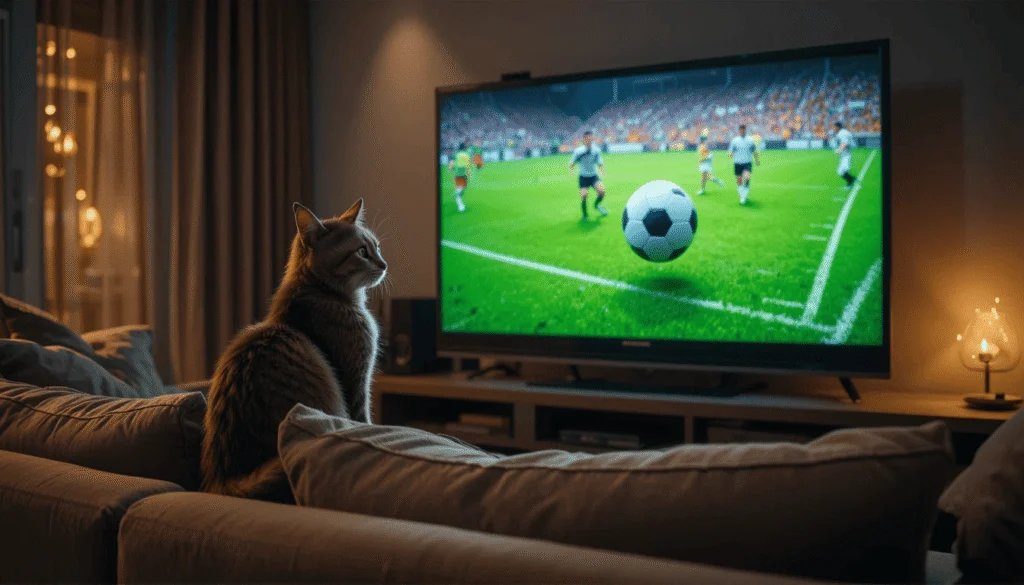 Domestic cat watching a football match on TV, focused on the moving ball and players on the screen.