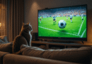 Domestic cat watching a football match on TV, focused on the moving ball and players on the screen.