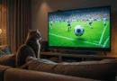 Domestic cat watching a football match on TV, focused on the moving ball and players on the screen.
