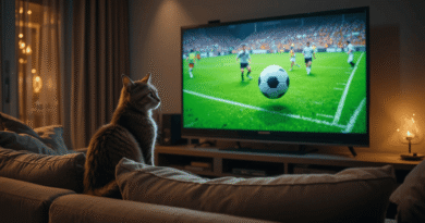 Domestic cat watching a football match on TV, focused on the moving ball and players on the screen.