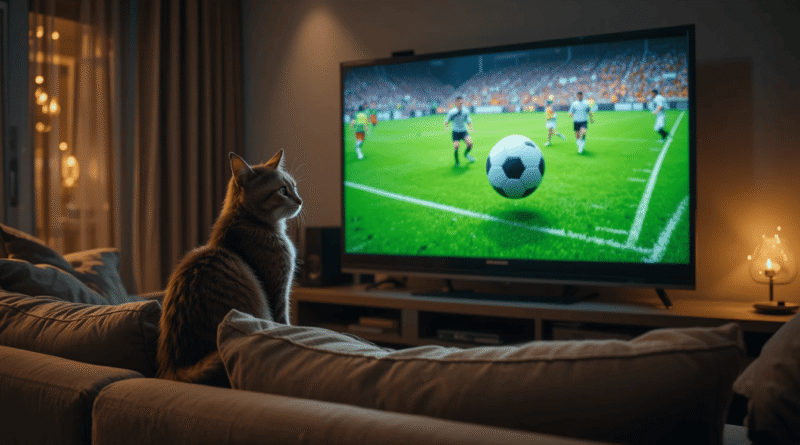 Domestic cat watching a football match on TV, focused on the moving ball and players on the screen.