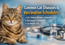 Tabby cat at a veterinary clinic with vaccines and medical tools, representing common cat diseases like FIP, kidney disease, diabetes, and recommended vaccination schedules.