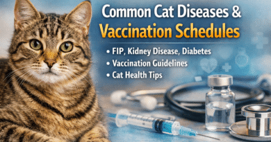 Tabby cat at a veterinary clinic with vaccines and medical tools, representing common cat diseases like FIP, kidney disease, diabetes, and recommended vaccination schedules.