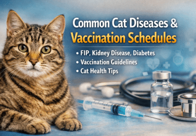 Tabby cat at a veterinary clinic with vaccines and medical tools, representing common cat diseases like FIP, kidney disease, diabetes, and recommended vaccination schedules.
