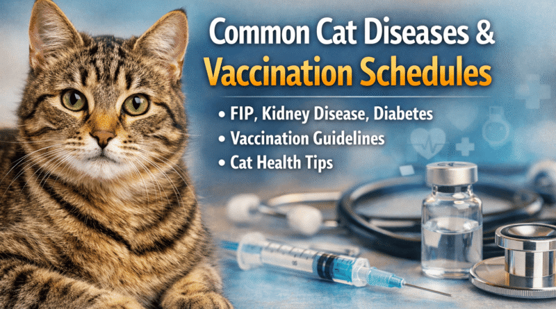Tabby cat at a veterinary clinic with vaccines and medical tools, representing common cat diseases like FIP, kidney disease, diabetes, and recommended vaccination schedules.