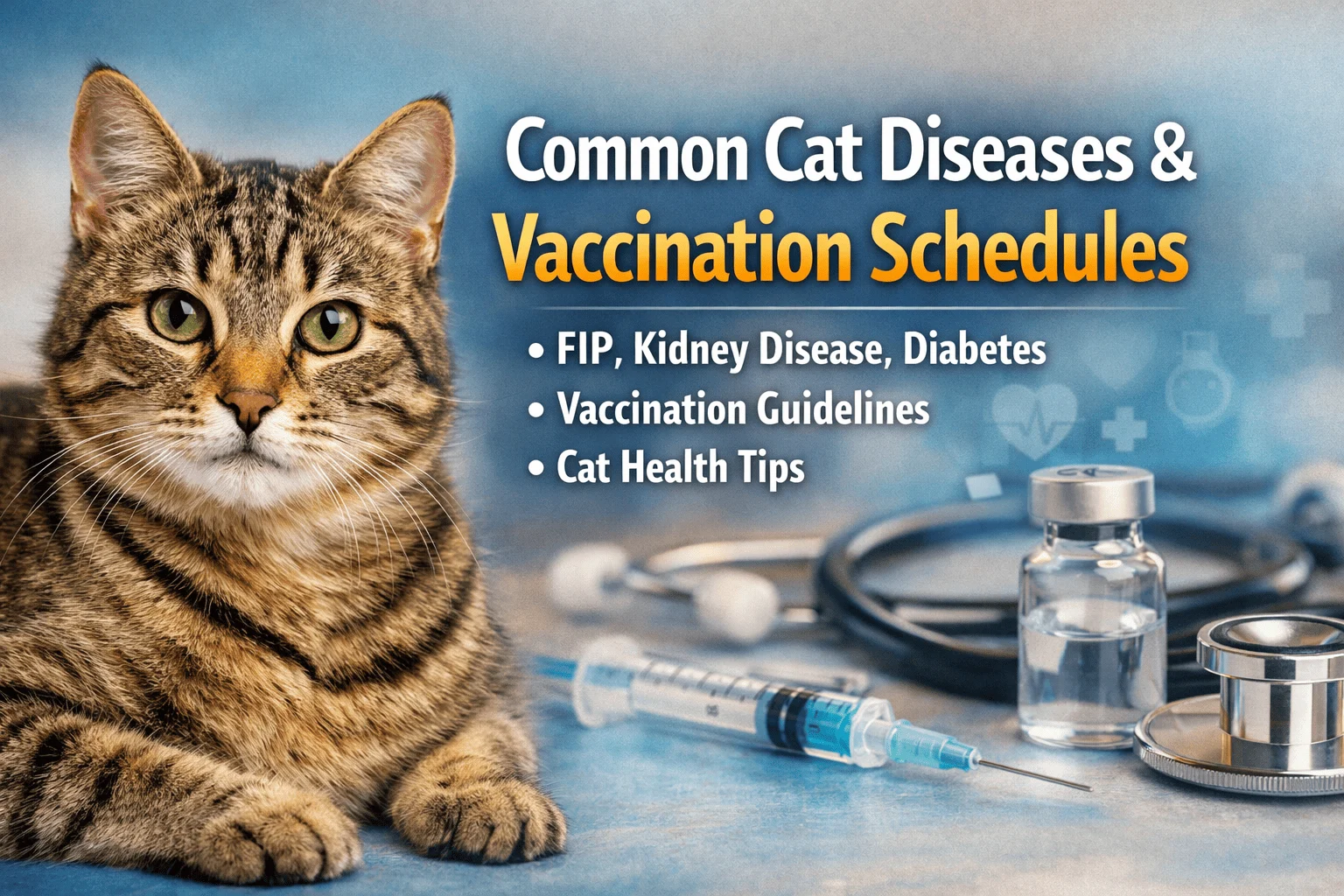 Tabby cat at a veterinary clinic with vaccines and medical tools, representing common cat diseases like FIP, kidney disease, diabetes, and recommended vaccination schedules.