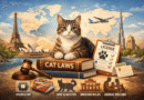 Tabby cat on a 'Cat Laws' book with global landmarks, showing cat licensing, breeder rules, microchipping, and animal welfare worldwide.