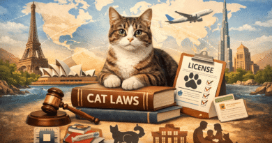 Tabby cat on a 'Cat Laws' book with global landmarks, showing cat licensing, breeder rules, microchipping, and animal welfare worldwide.
