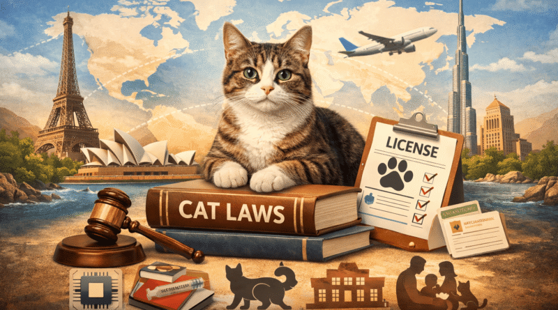 Tabby cat on a 'Cat Laws' book with global landmarks, showing cat licensing, breeder rules, microchipping, and animal welfare worldwide.