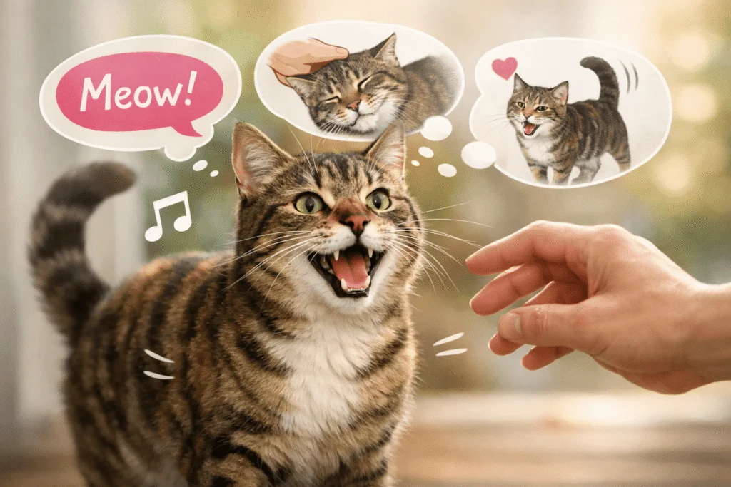 Friendly tabby cat meowing at a human hand, showing how cats say hi using vocal communication and body language.