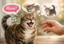 Friendly tabby cat meowing at a human hand, showing how cats say hi using vocal communication and body language.