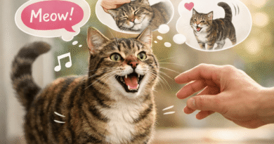 Friendly tabby cat meowing at a human hand, showing how cats say hi using vocal communication and body language.