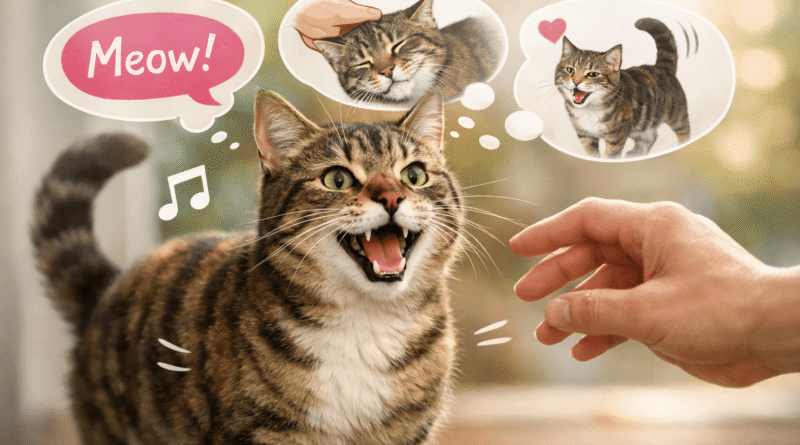 Friendly tabby cat meowing at a human hand, showing how cats say hi using vocal communication and body language.