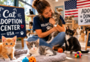 Woman volunteer holding tabby kitten at Cat Adoption Center USA 2026 with adopt don't shop sign