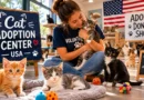 Woman volunteer holding tabby kitten at Cat Adoption Center USA 2026 with adopt don't shop sign
