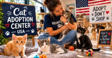 Woman volunteer holding tabby kitten at Cat Adoption Center USA 2026 with adopt don't shop sign