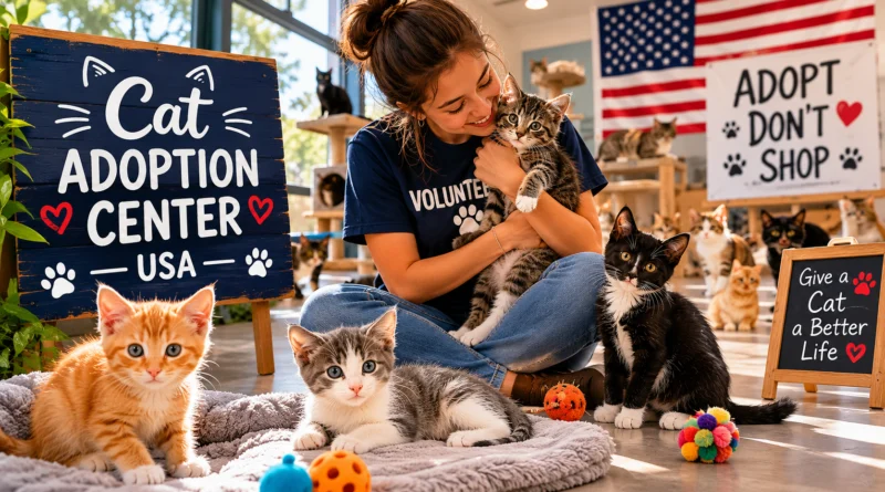 Woman volunteer holding tabby kitten at Cat Adoption Center USA 2026 with adopt don't shop sign