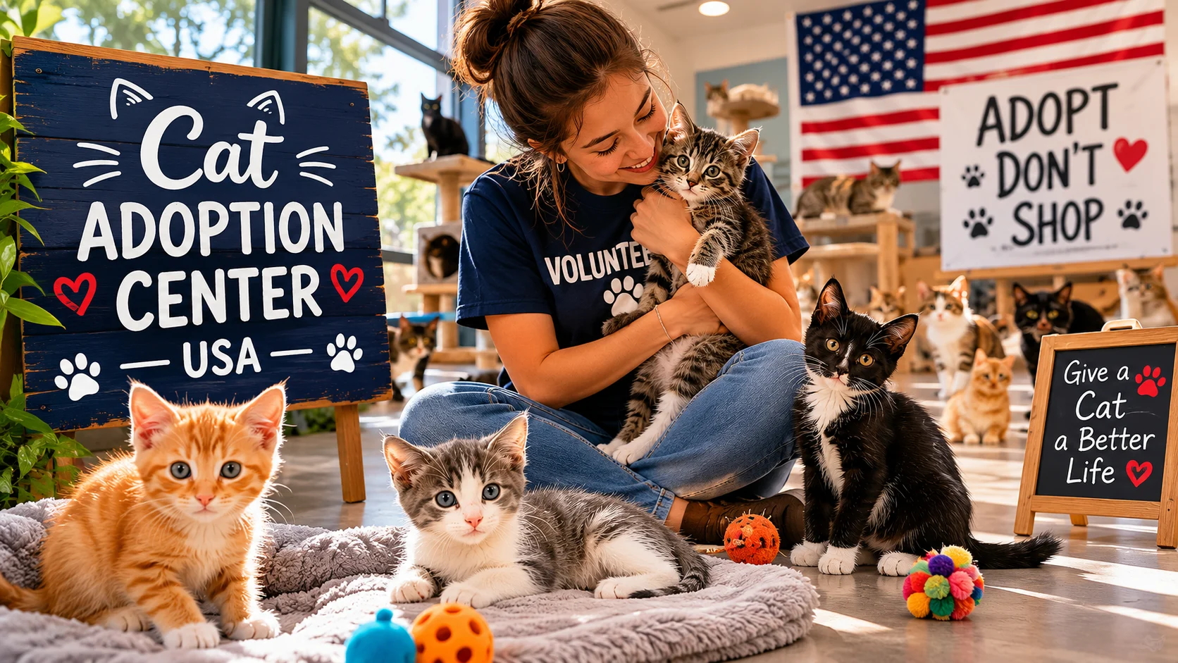 Woman volunteer holding tabby kitten at Cat Adoption Center USA 2026 with adopt don't shop sign