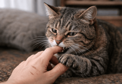 Close-up of a tabby cat biting a human finger indoors, showing greenish-yellow eyes, claws, and soft natural lighting, highlighting cat bite safety