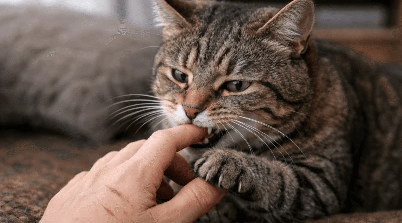 Close-up of a tabby cat biting a human finger indoors, showing greenish-yellow eyes, claws, and soft natural lighting, highlighting cat bite safety