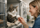 Person adopting a rescue cat from an animal shelter, showing the first interaction during the cat adoption process