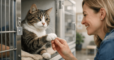 Person adopting a rescue cat from an animal shelter, showing the first interaction during the cat adoption process