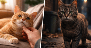 Comparison between a relaxed domesticated house cat interacting with a human and a cautious feral cat surviving outdoors.