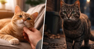 Comparison between a relaxed domesticated house cat interacting with a human and a cautious feral cat surviving outdoors.