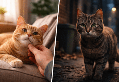 Comparison between a relaxed domesticated house cat interacting with a human and a cautious feral cat surviving outdoors.